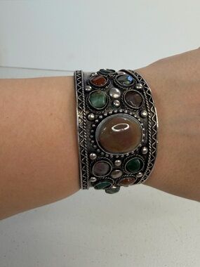 Vintage Silver Tone Stone Cuff Bracelet Boho Statement Wide Tribal 1990s Gothic